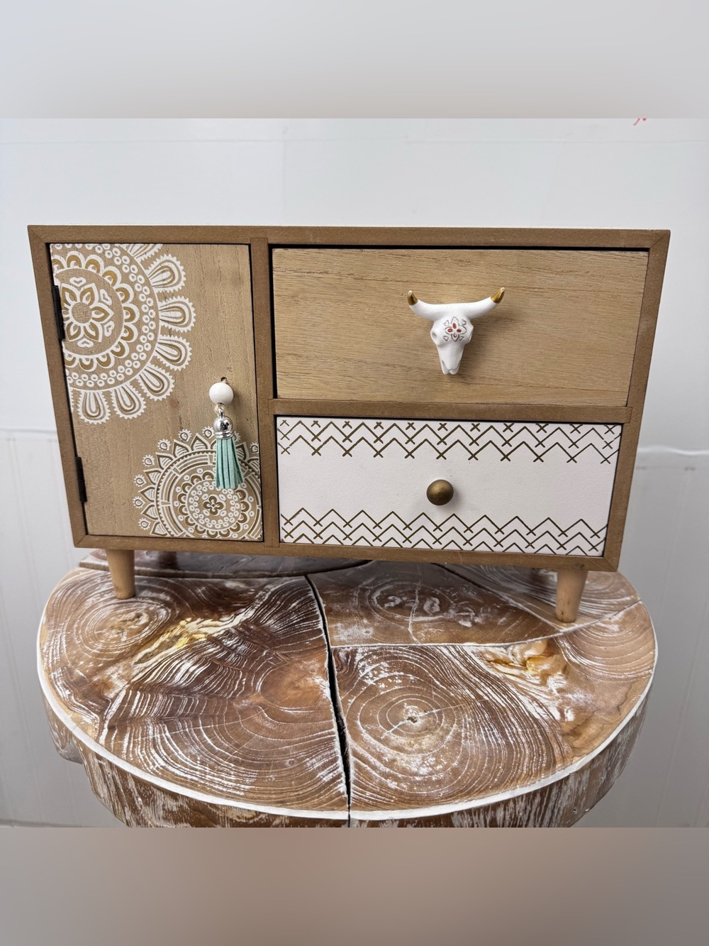 Boho Western Mandala Wood Jewelry Cabinet Mini Dresser Bull Skull 2 Drawer Decor
